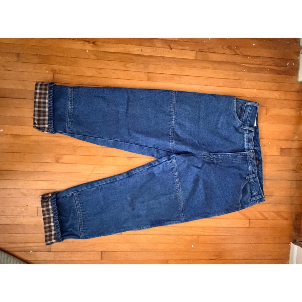 Mens Flannel Lined Blue Denim Jeans Plaid Cuffed Relaxed Straight Work Pants